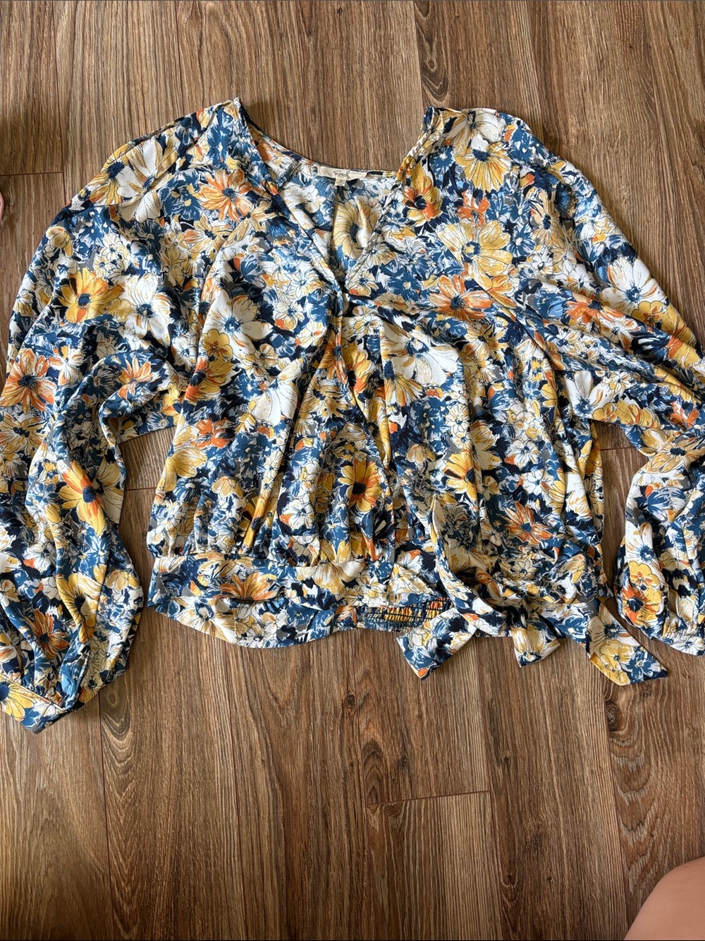 Easel Floral V-Neck Peasant Blouse in Blue and Yellow